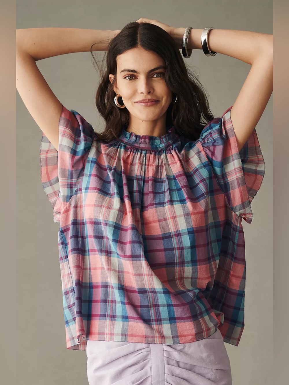 Anthropologie Trovata Carla High Neck Blouse Shirt in Sorbetto Pink Blue Plaid